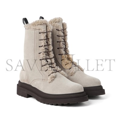 BRUNELLO CUCINELLI SHINY SUEDE ANKLE BOOTS WITH EMBELLISHED HEEL TABS AND SHEARLING SHEEPSKIN LINING 252MZSFG3123